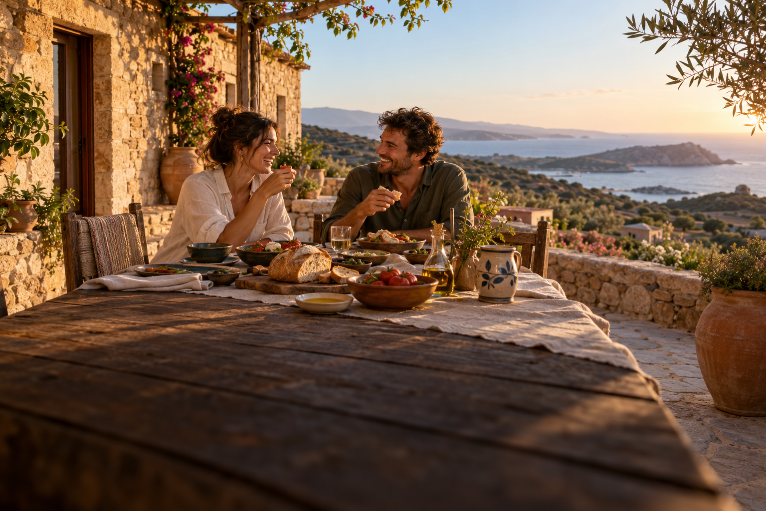 Bildidee: Zwei Gäste genießen ein gemeinsames Essen auf einer sardischen Hofterrasse mit Meerblick.
